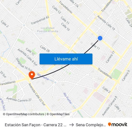 Estación San Façon - Carrera 22 (Ac 13 - Tv 22) to Sena Complejo Del Sur map