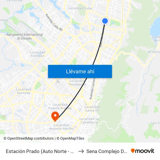 Estación Prado (Auto Norte - Cl 128a) to Sena Complejo Del Sur map