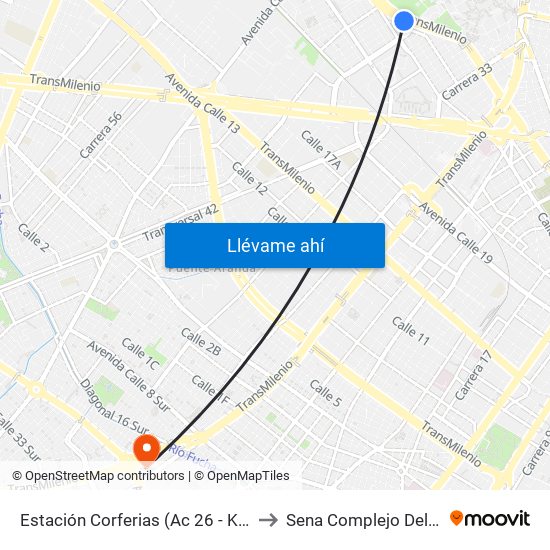 Estación Corferias (Ac 26 - Kr 40) to Sena Complejo Del Sur map