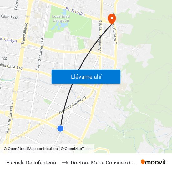 Escuela De Infantería (Ac 100 - Kr 11a) (B) to Doctora María Consuelo Carranza B. Cirujana Plástica map