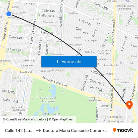 Calle 142 (Lado Norte) to Doctora María Consuelo Carranza B. Cirujana Plástica map