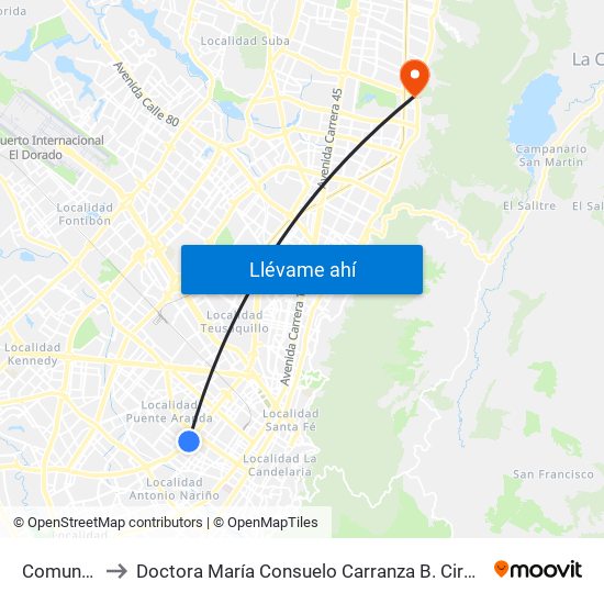 Comuneros to Doctora María Consuelo Carranza B. Cirujana Plástica map