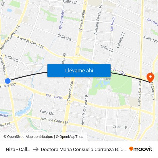 Niza - Calle 127 to Doctora María Consuelo Carranza B. Cirujana Plástica map