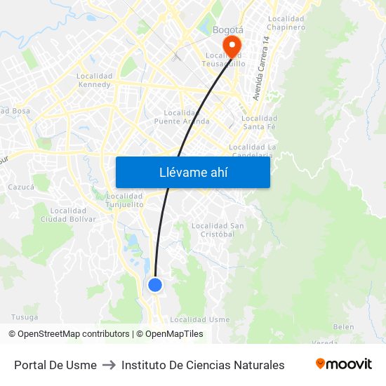 Portal De Usme to Instituto De Ciencias Naturales map