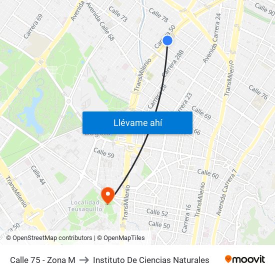 Calle 75 - Zona M to Instituto De Ciencias Naturales map
