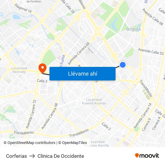 Corferias to Clínica De Occidente map