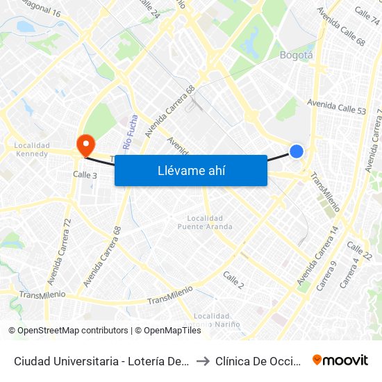 Ciudad Universitaria - Lotería De Bogotá to Clínica De Occidente map