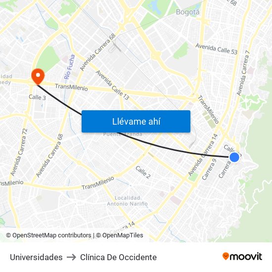 Universidades to Clínica De Occidente map