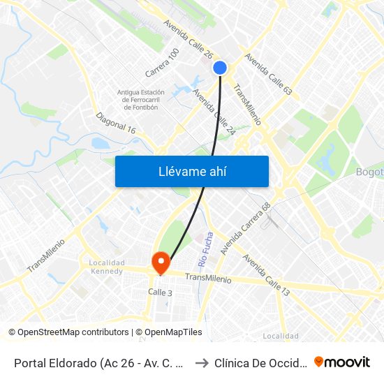 Portal Eldorado (Ac 26 - Av. C. De Cali) to Clínica De Occidente map