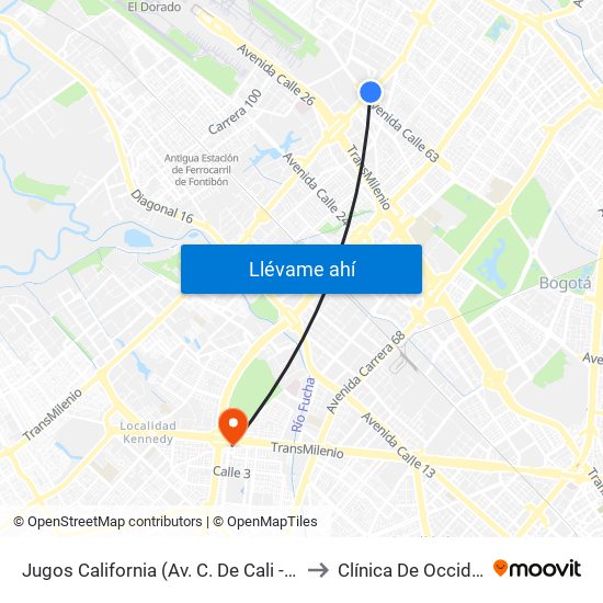 Jugos California (Av. C. De Cali - Ac 63) to Clínica De Occidente map