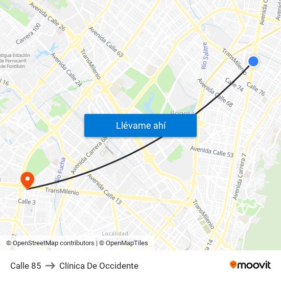 Calle 85 to Clínica De Occidente map