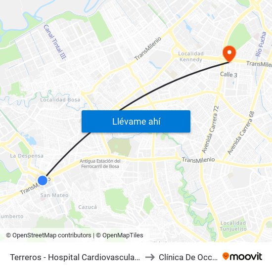 Terreros - Hospital Cardiovascular (Lado Sur) to Clínica De Occidente map