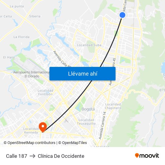 Calle 187 to Clínica De Occidente map