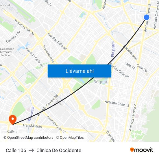 Calle 106 to Clínica De Occidente map