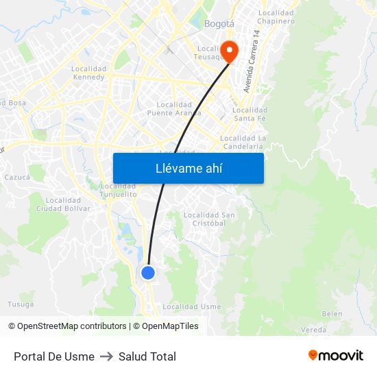 Portal De Usme to Salud Total map