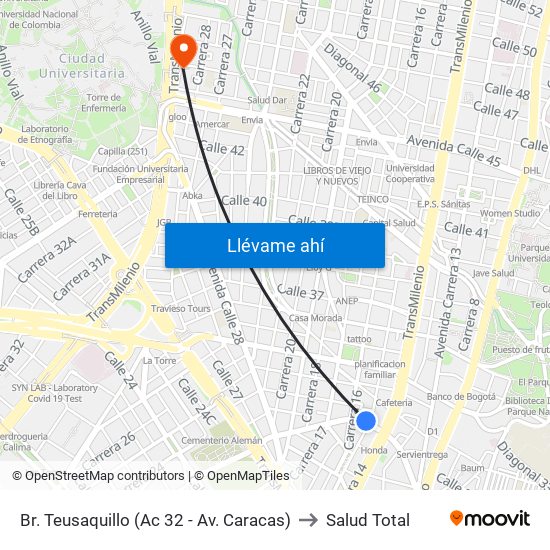 Br. Teusaquillo (Ac 32 - Av. Caracas) to Salud Total map