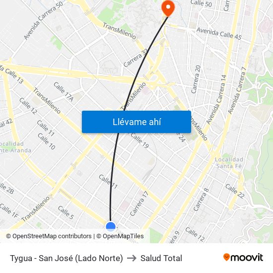 Tygua - San José (Lado Norte) to Salud Total map