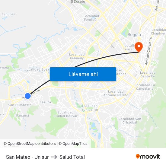 San Mateo - Unisur to Salud Total map