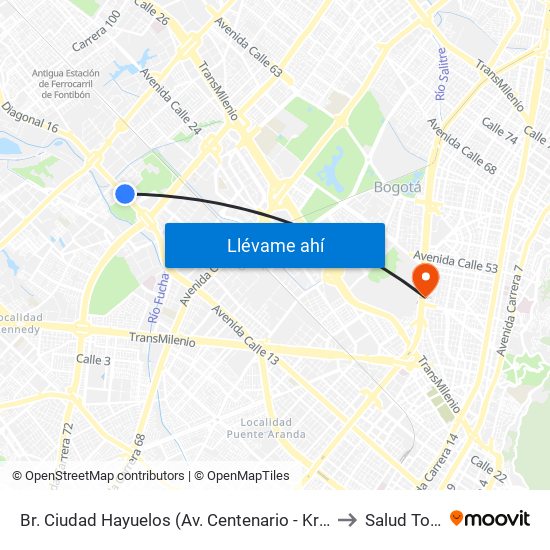 Br. Ciudad Hayuelos (Av. Centenario - Kr 78g) to Salud Total map