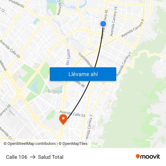 Calle 106 to Salud Total map