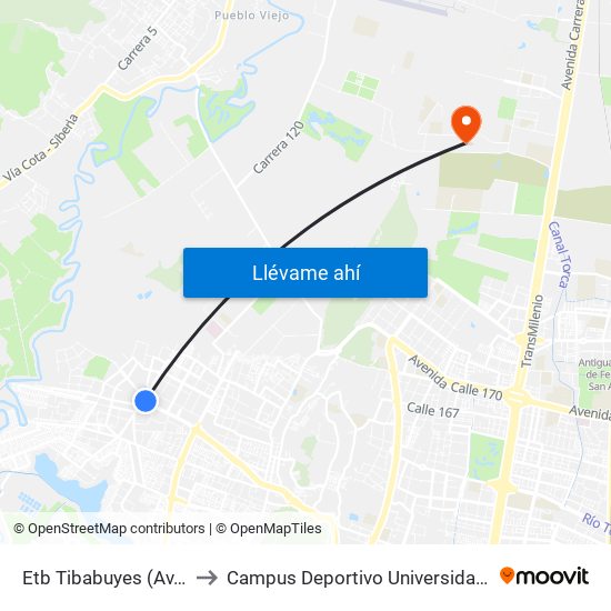 Etb Tibabuyes (Av. Suba - Kr 114g) to Campus Deportivo Universidad Santo Tomás De Aquino map