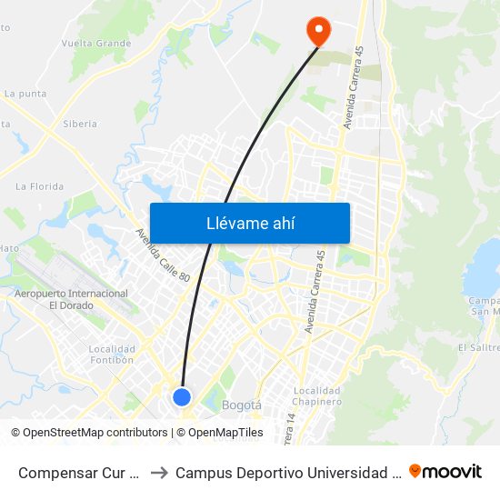 Compensar Cur (Ac 26 - Kr 69) to Campus Deportivo Universidad Santo Tomás De Aquino map