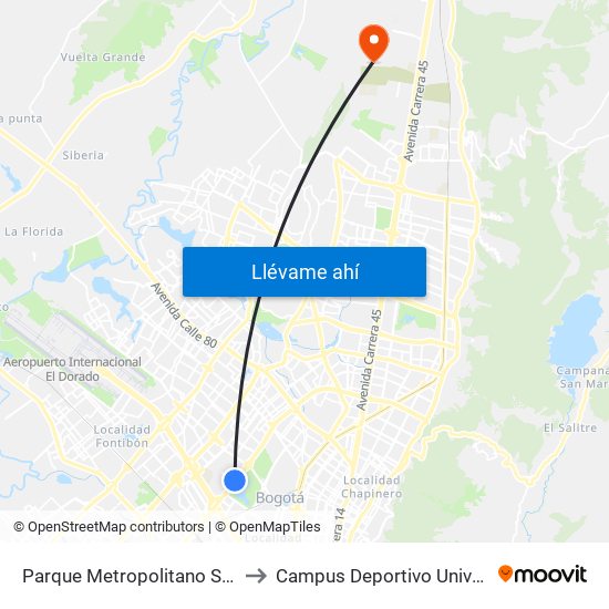 Parque Metropolitano Simón Bolívar (Ak 68 - Cl 49a) (B) to Campus Deportivo Universidad Santo Tomás De Aquino map