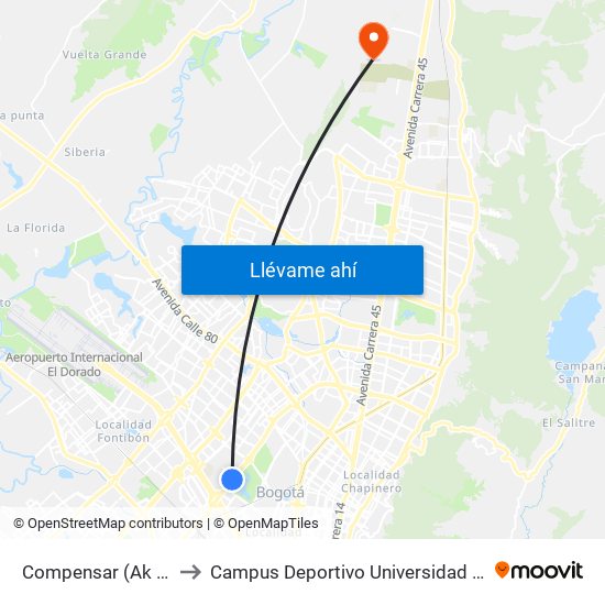 Compensar (Ak 68 - Cl 49) (D) to Campus Deportivo Universidad Santo Tomás De Aquino map