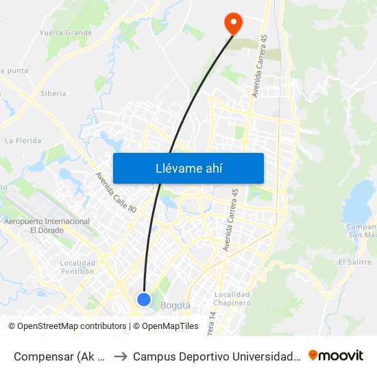 Compensar (Ak 68 - Cl 49a) (B) to Campus Deportivo Universidad Santo Tomás De Aquino map