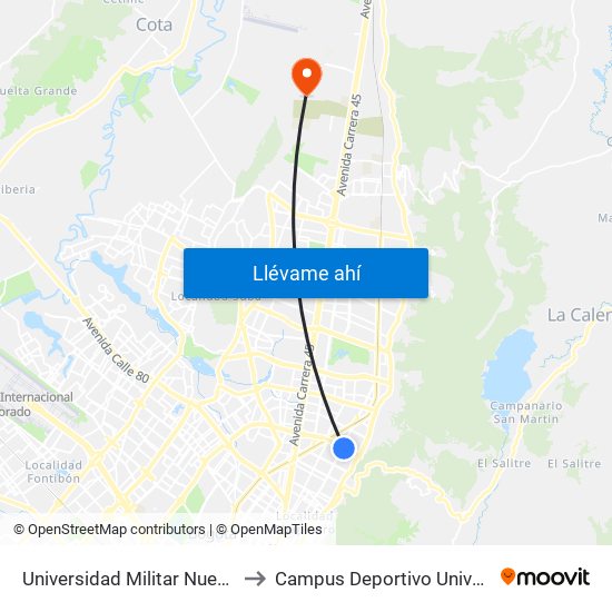 Universidad Militar Nueva Granada (Ac 100 - Kr 10) (B) to Campus Deportivo Universidad Santo Tomás De Aquino map
