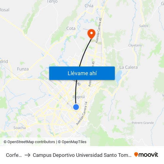 Corferias to Campus Deportivo Universidad Santo Tomás De Aquino map
