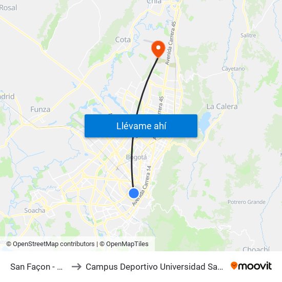 San Façon - Carrera 22 to Campus Deportivo Universidad Santo Tomás De Aquino map