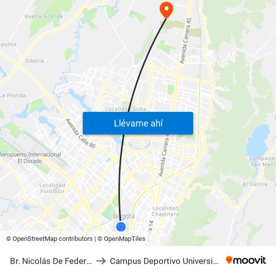 Br. Nicolás De Federmán (Ak 50 - Cl 57b) to Campus Deportivo Universidad Santo Tomás De Aquino map