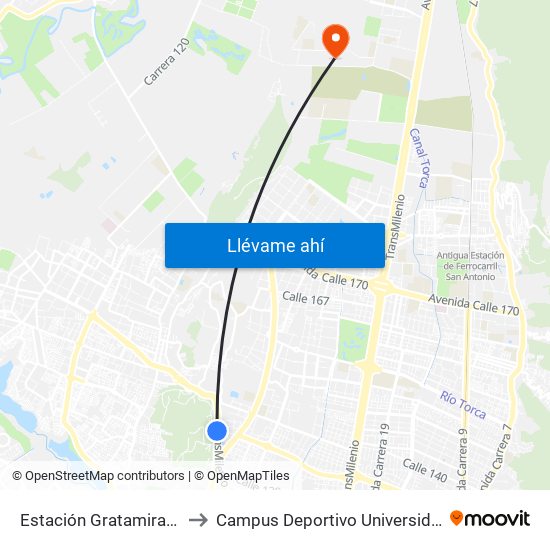 Estación Gratamira (Av. Suba - Cl 132a) to Campus Deportivo Universidad Santo Tomás De Aquino map