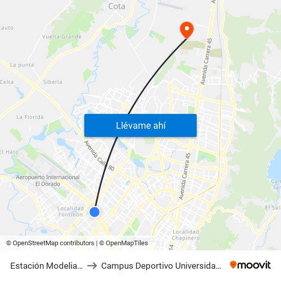 Estación Modelia (Ac 26 - Kr 82) to Campus Deportivo Universidad Santo Tomás De Aquino map