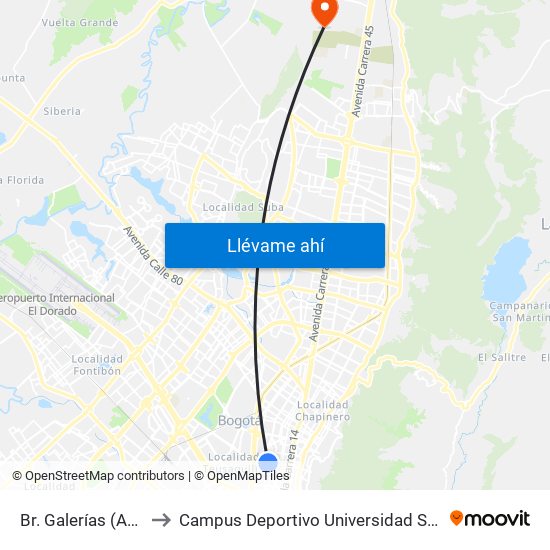 Br. Galerías (Ak 24 - Cl 52) to Campus Deportivo Universidad Santo Tomás De Aquino map