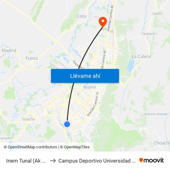 Inem Tunal (Ak 24 - Cl 52 Sur) to Campus Deportivo Universidad Santo Tomás De Aquino map