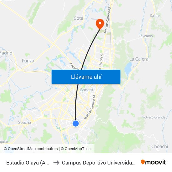 Estadio Olaya (Ak 24 - Cl 24 Sur) to Campus Deportivo Universidad Santo Tomás De Aquino map