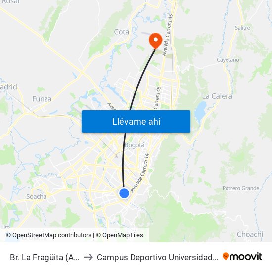 Br. La Fragüita (Ak 24 - Cl 7 Sur) to Campus Deportivo Universidad Santo Tomás De Aquino map