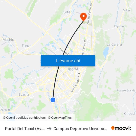 Portal Del Tunal (Av. Boyacá - Ak 24) (A) to Campus Deportivo Universidad Santo Tomás De Aquino map