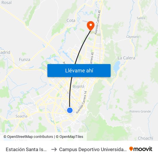 Estación Santa Isabel (Cl 1f - Kr 31) to Campus Deportivo Universidad Santo Tomás De Aquino map