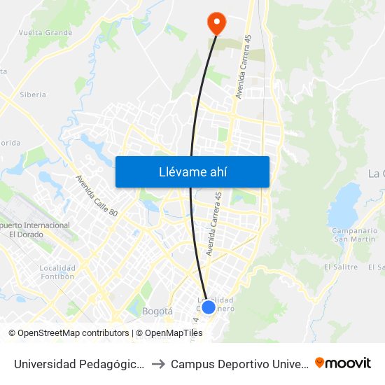 Universidad Pedagógica Nacional (Ak 11 - Ac 72) (A) to Campus Deportivo Universidad Santo Tomás De Aquino map