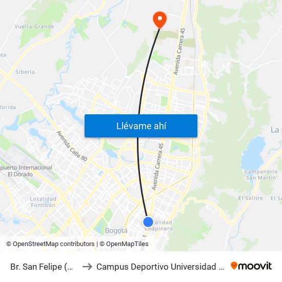 Br. San Felipe (Kr 20a - Cl 74) to Campus Deportivo Universidad Santo Tomás De Aquino map