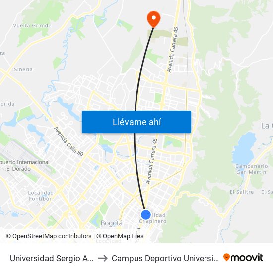 Universidad Sergio Arboleda (Ak 15 - Cl 75) to Campus Deportivo Universidad Santo Tomás De Aquino map