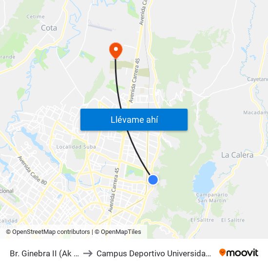 Br. Ginebra II (Ak 7 - Cl 127c) (A) to Campus Deportivo Universidad Santo Tomás De Aquino map