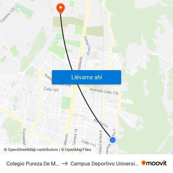 Colegio Pureza De María (Ak 7 - Cl 147) (A) to Campus Deportivo Universidad Santo Tomás De Aquino map