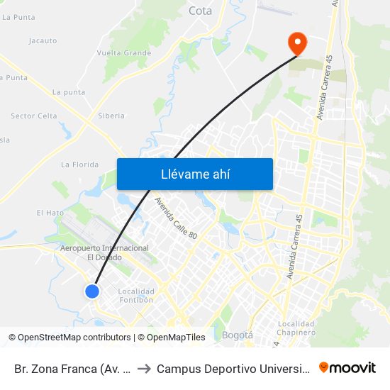 Br. Zona Franca (Av. Centenario - Kr 108a) to Campus Deportivo Universidad Santo Tomás De Aquino map