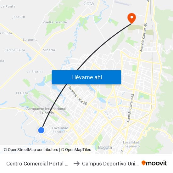 Centro Comercial Portal De La Sabana (Av. Centenario - Kr 106) to Campus Deportivo Universidad Santo Tomás De Aquino map