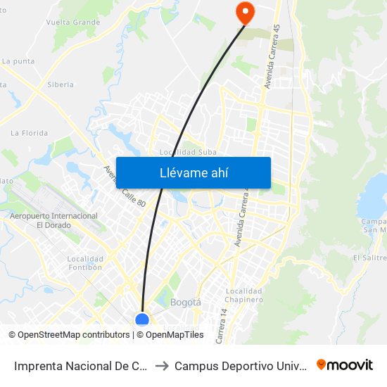 Imprenta Nacional De Colombia (Av. Esperanza - Kr 65) to Campus Deportivo Universidad Santo Tomás De Aquino map