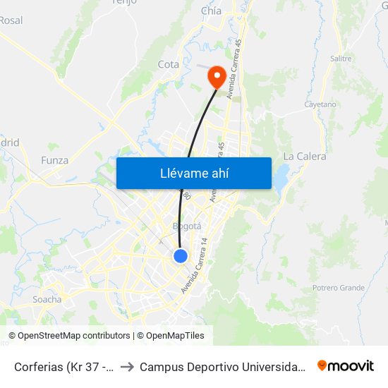 Corferias (Kr 37 - Av. Esperanza) to Campus Deportivo Universidad Santo Tomás De Aquino map